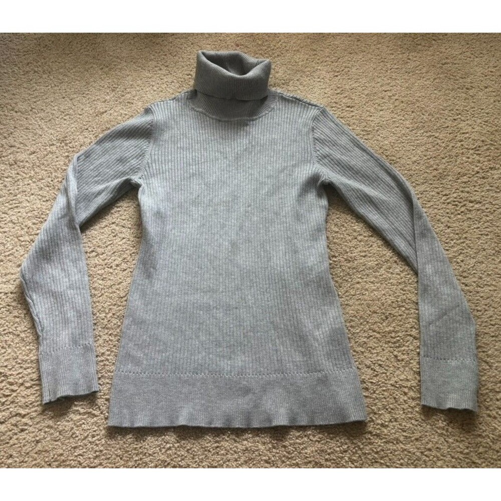 DKNY Womens Ribbed Turtleneck Sweater Gray Long Sleeve Knit Top Size Small 90's